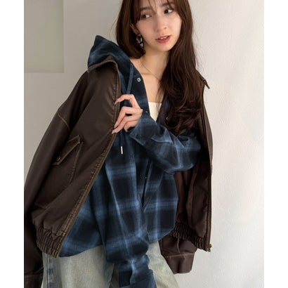 《JaVaジャバコラボ》綿100％起毛素材 フード付きチェック柄オーバーサイズシャツジャケット （ブルー）｜詳細画像