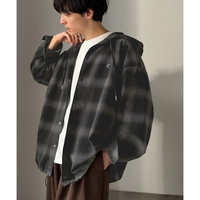 《JaVaジャバコラボ》綿100％起毛素材 フード付きチェック柄オーバーサイズシャツジャケット （ブラック）｜詳細画像