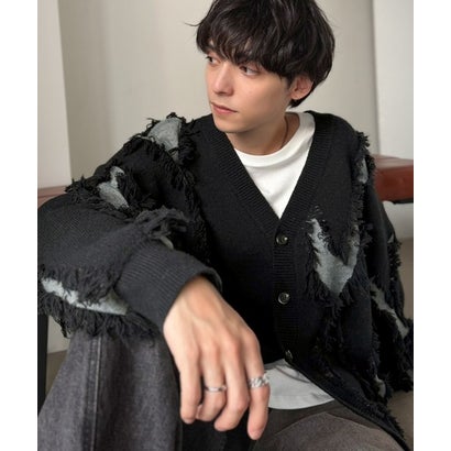 《JaVaジャバコラボ》配色×フリンジ、圧倒的存在感。配色フリンジVネックニットカーディガン （ブラック）｜詳細画像