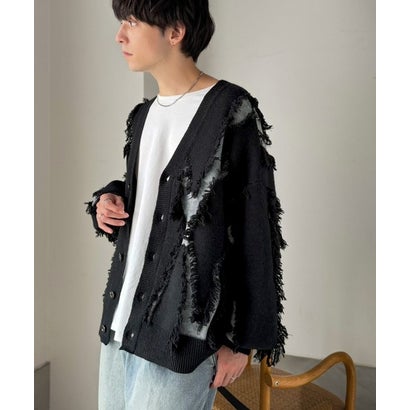 《JaVaジャバコラボ》配色×フリンジ、圧倒的存在感。配色フリンジVネックニットカーディガン （ブラック）｜詳細画像