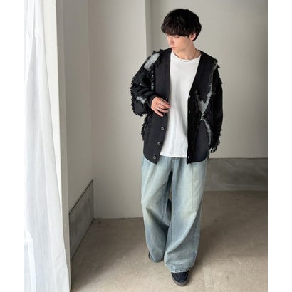 《JaVaジャバコラボ》配色×フリンジ、圧倒的存在感。配色フリンジVネックニットカーディガン （ブラック）｜詳細画像