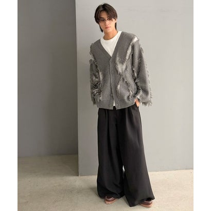 《JaVaジャバコラボ》配色×フリンジ、圧倒的存在感。配色フリンジVネックニットカーディガン （杢グレー）｜詳細画像