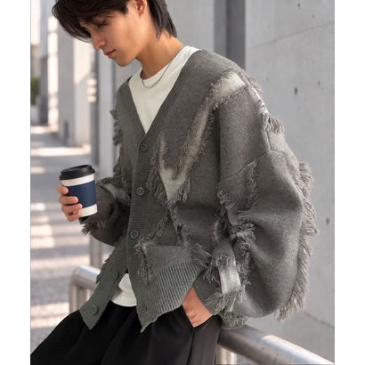 《JaVaジャバコラボ》配色×フリンジ、圧倒的存在感。配色フリンジVネックニットカーディガン （杢グレー）｜詳細画像