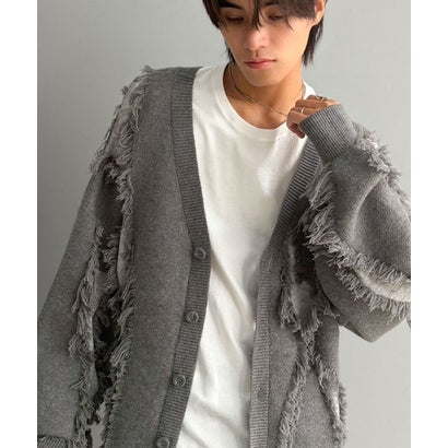 《JaVaジャバコラボ》配色×フリンジ、圧倒的存在感。配色フリンジVネックニットカーディガン （杢グレー）｜詳細画像
