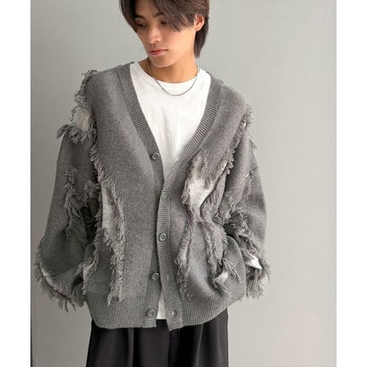 《JaVaジャバコラボ》配色×フリンジ、圧倒的存在感。配色フリンジVネックニットカーディガン （杢グレー）｜詳細画像