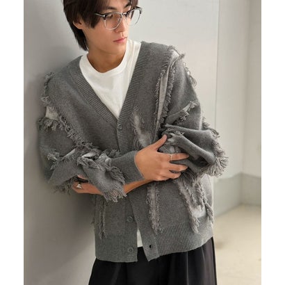 《JaVaジャバコラボ》配色×フリンジ、圧倒的存在感。配色フリンジVネックニットカーディガン （杢グレー）｜詳細画像
