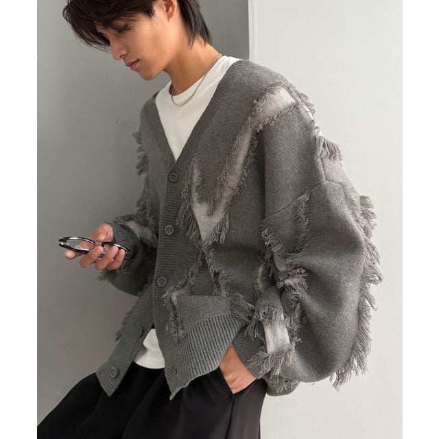 《JaVaジャバコラボ》配色×フリンジ、圧倒的存在感。配色フリンジVネックニットカーディガン （杢グレー）