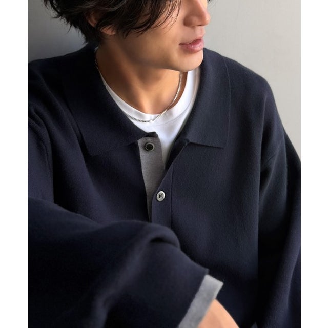 ミラノリブ配色ニットシャツ / MILANO RIB COLOR BLOCK KNIT SHIRT （ネイビー）