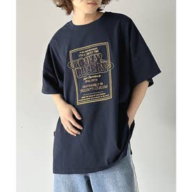 《Javaジャバコラボ》オーガニックコットン混 綿100％前後2wayステッチ刺繍半袖Tシャツ （ネイビー）