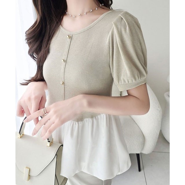 【mily bilet】きゅんなシルエット。袖タックラメ混テレコリブ×異素材バルーントップス（半袖） （アイボリー）