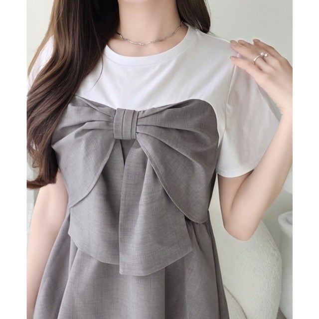 【mily bilet】一枚でサマになる。 フロントリボン布帛コンビ半袖Tシャツ （グレー）