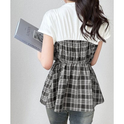 【mily bilet】忙しい朝も悩まない一軍トップス。リボンビスチェドッキングTシャツ (半袖) （ホワイト×グレーチェック）｜詳細画像