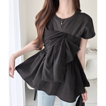 【mily bilet】忙しい朝も悩まない一軍トップス。リボンビスチェドッキングTシャツ (半袖) （ホワイト×グレーチェック）｜詳細画像