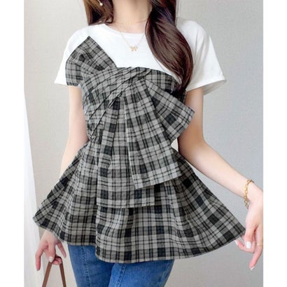 【mily bilet】忙しい朝も悩まない一軍トップス。リボンビスチェドッキングTシャツ (半袖) （ホワイト×グレーチェック）｜詳細画像