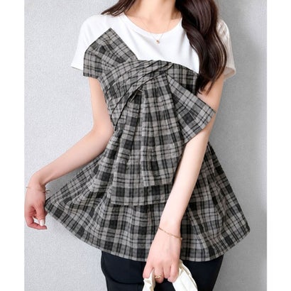 【mily bilet】忙しい朝も悩まない一軍トップス。リボンビスチェドッキングTシャツ (半袖) （ホワイト×グレーチェック）｜詳細画像