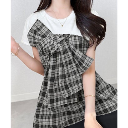 【mily bilet】忙しい朝も悩まない一軍トップス。リボンビスチェドッキングTシャツ (半袖) （ホワイト×グレーチェック）｜詳細画像