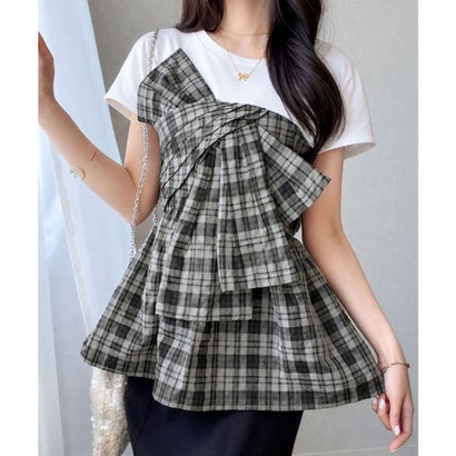 【mily bilet】忙しい朝も悩まない一軍トップス。リボンビスチェドッキングTシャツ (半袖) （ホワイト×グレーチェック）｜詳細画像