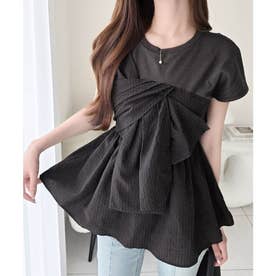 【mily bilet】忙しい朝も悩まない一軍トップス。リボンビスチェドッキングTシャツ (半袖) （チャコール×ブラックチェック）