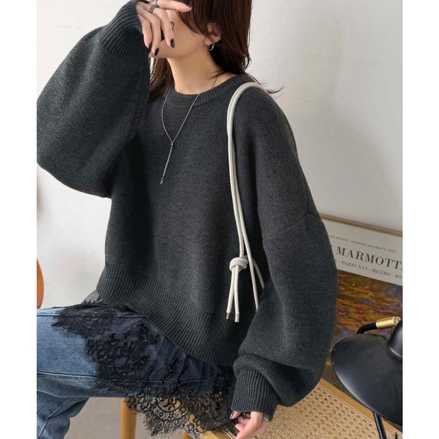 パッと着て、オシャレ完了◎裾レースドッキングニットプルオーバー（長袖） （スミクロ）