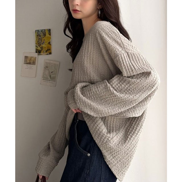 きらめき×立体感でシンプルコーデを今っぽく。ラメ入りジャガード素材サイド切り替えプルオーバー（長袖） （グレージュ）