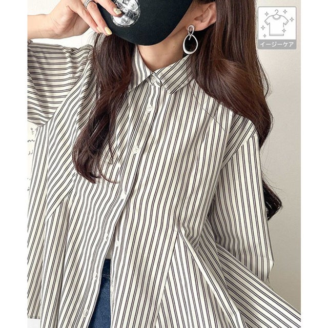 【イージーケア素材】ゆるっと、ひらっと、クセになる。フレアシルエットシャツ（ストライプ&無地） （オフストライプ）