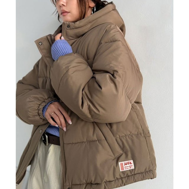フード付き 軽くて暖かフェイクダウンコート （ダークベージュ）
