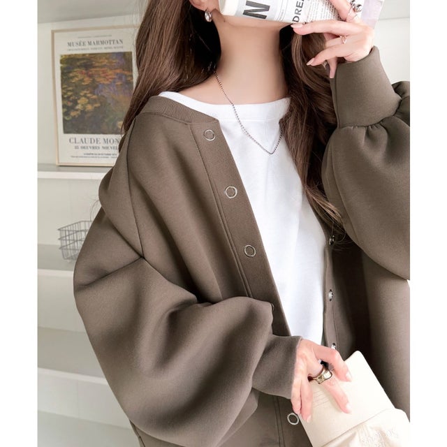 ぽわん袖×多ボタン♪ダンボール素材リングドットボタン使いボリューム袖ブルゾン （モカ）