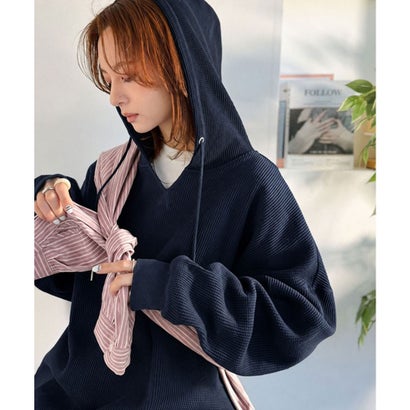 《JaVa ジャバコラボ》毎日着たい、今っぽシルエット。綿100％オーバーサイズワッフルパーカー （ネイビー）｜詳細画像