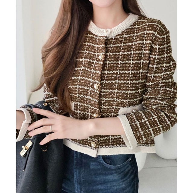 【mily bilet】甘さに恋して、気品きらり♪ツイードニットパールボタンカーディガン（長袖） （ブラウン）