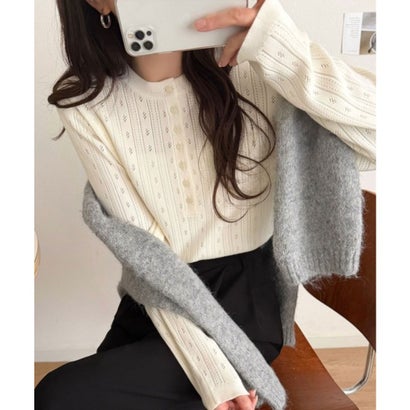 透かし柄にひと目惚れ♪大人フェミニン、アイレット柄ヘンリーネックニット (長袖) （ネイビー）｜詳細画像