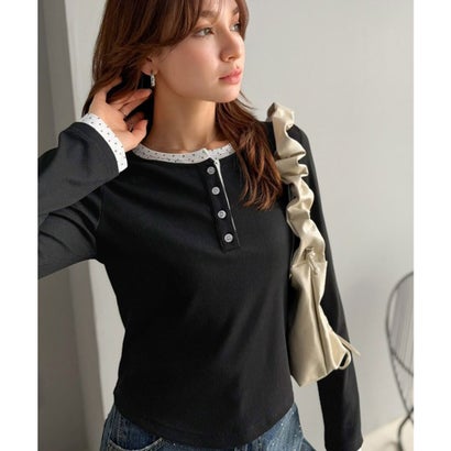 【mily bilet】重ね着いらずで、ひとクセ可愛い。レイヤードヘンリーネックカットソー（長） （ブラック）｜詳細画像