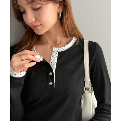 【mily bilet】重ね着いらずで、ひとクセ可愛い。レイヤードヘンリーネックカットソー（長） （ブラック）｜詳細画像
