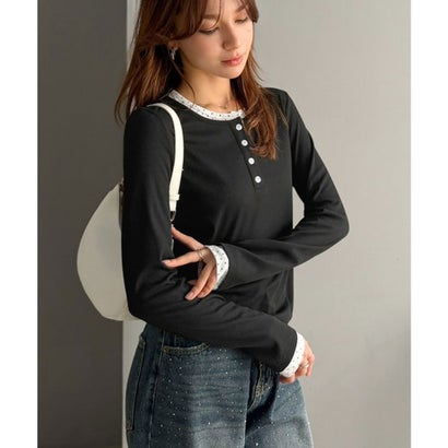 【mily bilet】重ね着いらずで、ひとクセ可愛い。レイヤードヘンリーネックカットソー（長） （ブラック）｜詳細画像