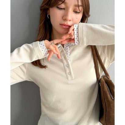 【mily bilet】重ね着いらずで、ひとクセ可愛い。レイヤードヘンリーネックカットソー（長） （アイボリー）｜詳細画像