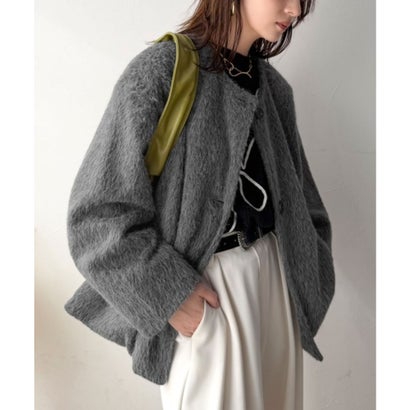 【Classical Evon】品格レディ。シャギー素材ノーカラーシングルコート（ミドル丈） （チャコール）｜詳細画像