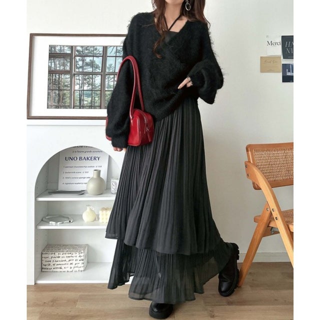 これでコーデ完成の優秀セット！カシュクールウール混ニット×キャミワンピース（セットアイテム） （ブラック×チャコール）