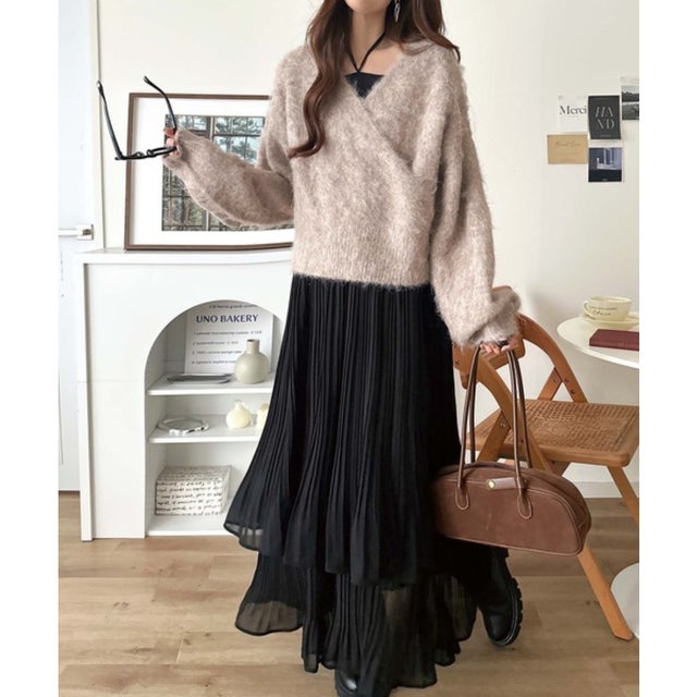 これでコーデ完成の優秀セット！カシュクールウール混ニット×キャミワンピース（セットアイテム） （モカ×ブラック）