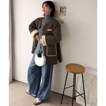 《JaVaジャバコラボ》袖もこにきゅんっ♪異素材で魅せる袖ボアキルティングコート（ミドル丈） （ブラウン）｜詳細画像