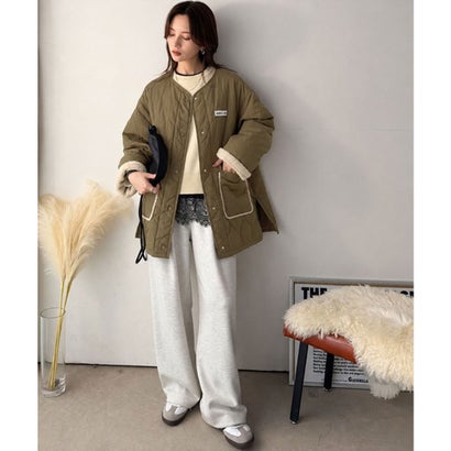 《JaVaジャバコラボ》袖もこにきゅんっ♪異素材で魅せる袖ボアキルティングコート（ミドル丈） （カーキ）｜詳細画像