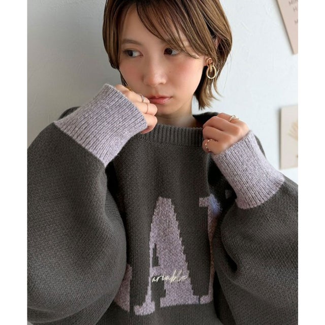 《JaVaジャバコラボ》前後2WAY MIXヤーンオーバーサイズ配色ニット（長袖） （チャコール×ラベンダー）