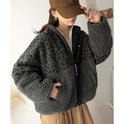 《JaVaジャバコラボ》ほっこり可愛い♪大人のもこもこボア切り替えスタンドネックブルゾン(ミドル丈) （レオパード）｜詳細画像