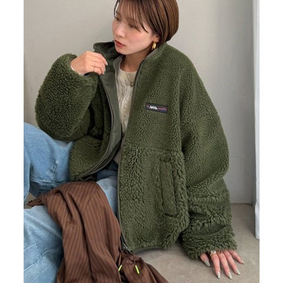 《JaVaジャバコラボ》ほっこり可愛い♪大人のもこもこボア切り替えスタンドネックブルゾン(ミドル丈) （カーキ）｜詳細画像