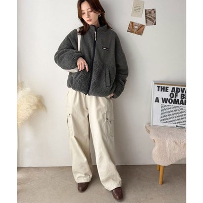 《JaVaジャバコラボ》ほっこり可愛い♪大人のもこもこボア切り替えスタンドネックブルゾン(ミドル丈) （チャコール）｜詳細画像