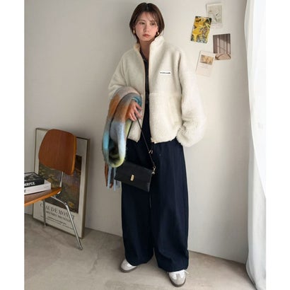 《JaVaジャバコラボ》ほっこり可愛い♪大人のもこもこボア切り替えスタンドネックブルゾン(ミドル丈) （アイボリー）｜詳細画像