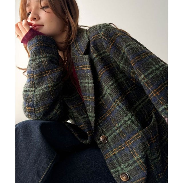 【mily bilet】思わず「どこの？」と聞かれちゃう♪ブークレチェックジャケットコート （ネイビー）