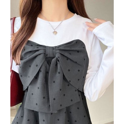 【mily bilet】心ときめく、ビッグリボン♪フロントリボン ドッキング長袖Tシャツ （ブラック）｜詳細画像