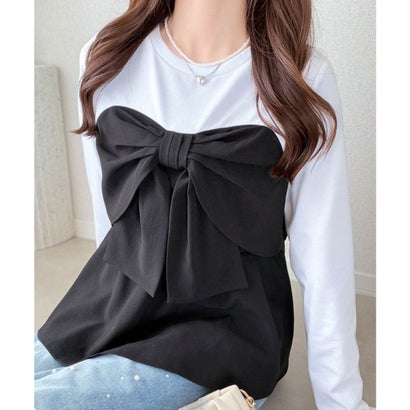 【mily bilet】心ときめく、ビッグリボン♪フロントリボン ドッキング長袖Tシャツ （ブラック）｜詳細画像