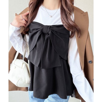 【mily bilet】心ときめく、ビッグリボン♪フロントリボン ドッキング長袖Tシャツ （ブラック）｜詳細画像