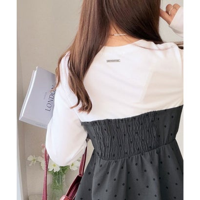 【mily bilet】心ときめく、ビッグリボン♪フロントリボン ドッキング長袖Tシャツ （チャコールドット）｜詳細画像