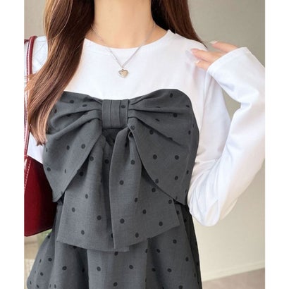 【mily bilet】心ときめく、ビッグリボン♪フロントリボン ドッキング長袖Tシャツ （チャコールドット）｜詳細画像